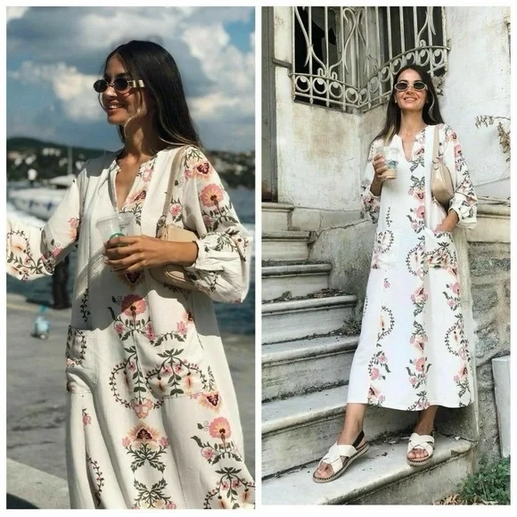 Zara Floral Kaftan Dress Print Midi Linen Cotton Blend XL - Picture 2 of 6